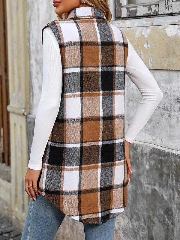 Women's Plaid Print Button Front Vest Coat, Casual Sleeveless Collared Outerwear for Daily Wear, Ladies Clothes for All Seasons