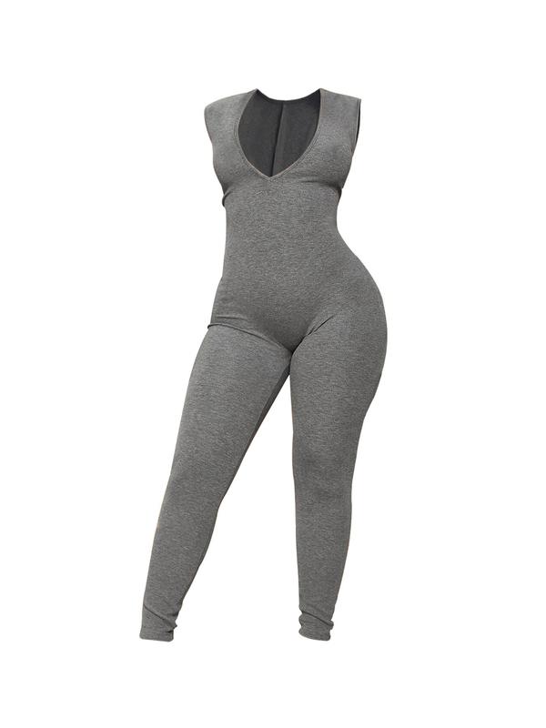 Women's Solid Deep V Neck Jumpsuit, Casual Bodycon Jumpsuit for Daily Wear, Ladies Clothes for All Seasons