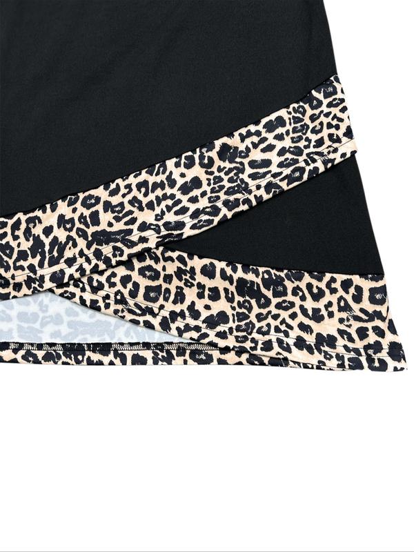 Plus Size Leopard Print Cut Out  Tee, Casual Wrap Asymmetrical Neck T-shirt for Summer, Women's Plus Clothing for Daily Wear