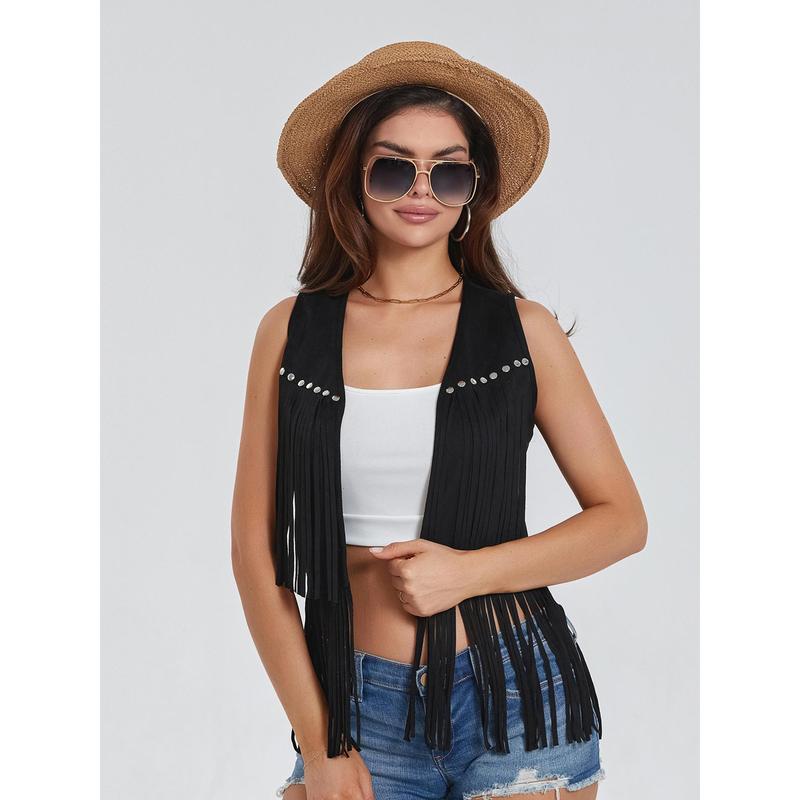 Women Hippie Waistcoat Vest Lightweight Solid Color Open Front Sleeveless Jacket with Tassel for Streetwear Outerwear Womenswear Cardigan