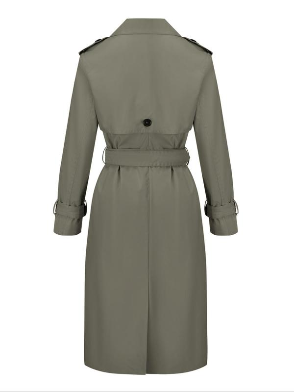 Women's Solid Double Button Belted Trench Coat, Casual Lapel Collar Long Sleeve Midi Coat for Fall & Winter, Women's Clothing for Daily Wear