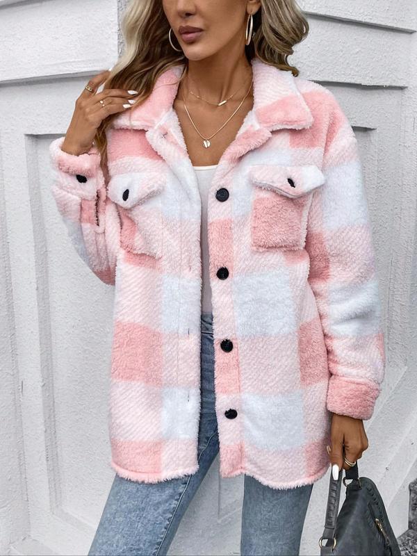 Women's Plaid Print Button Front Drop Shoulder Plush Coat, Casual Jackets, Long Sleeve Collared Outerwear for Fall & Winter, Ladies Clothes for Daily Wear