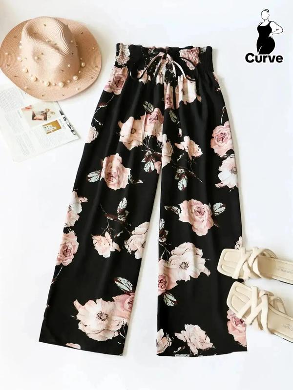 Plus Size Floral Drawstring Waist Wideleg Vintage Pants, Boho Womenswear, Lady Elegant Shirred Wideleg Trousers for Daily Vacation, Comfort Bottoms, Plus Size Clothing, Summer Outfits 2024 for Work