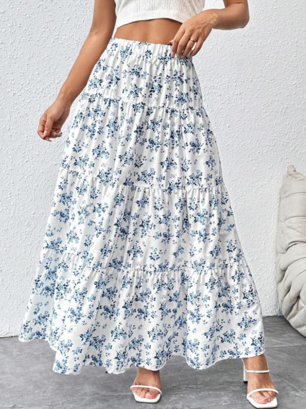 Women's Ditsy Floral Print Ruffle Hem A Line Skirt, Boho Fashion High Waist Long Skirt for Daily Holiday Vacation Wear, Ladies Bottoms for All Seasons