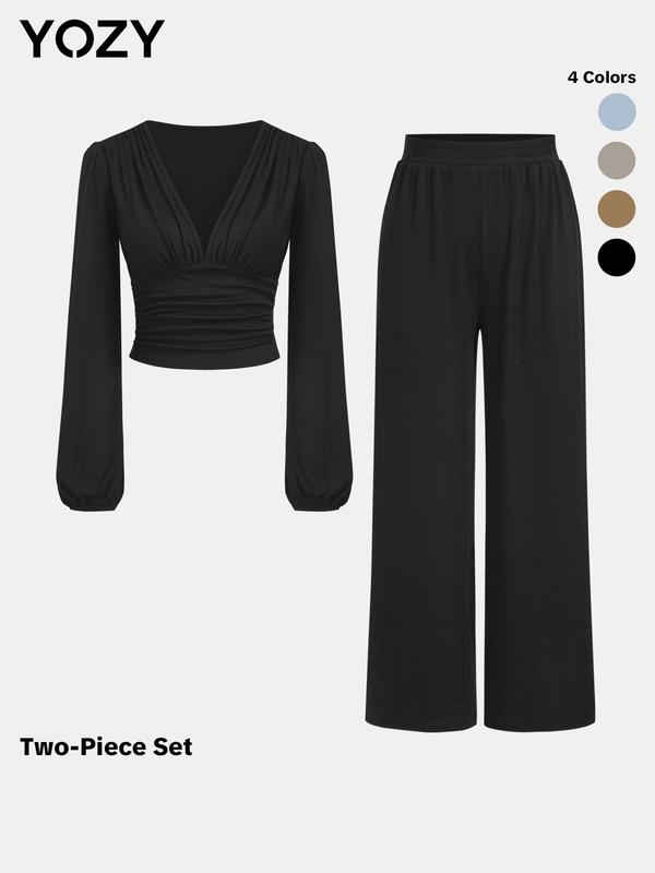 YOZY Christmas Deals, 2 Counts Solid Ruched V-Neck Ribbed Set   Women's Casual Plicated Wide Pants Outfit, Black friday haul, Black out wednesday outfits, Christmas 2024 Trend, Fall & Winter Outfits