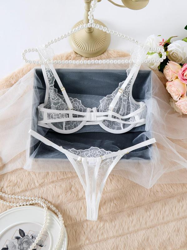 Women's Contrast Mesh Floral Lace Lingerie Set, Sexy Underwire Bralette & Thong, Women's Sexy Lingerie & Underwear Set for Summer