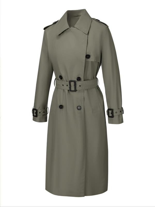 Women's Solid Double Button Belted Trench Coat, Casual Lapel Collar Long Sleeve Midi Coat for Fall & Winter, Women's Clothing for Daily Wear