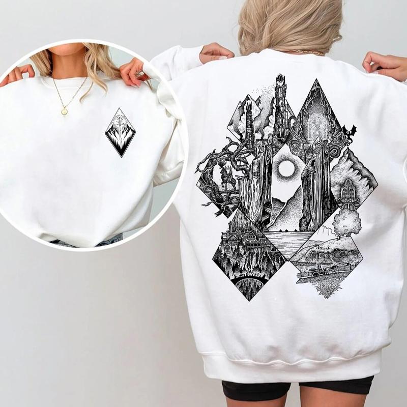 LOTR Middle Earth 2 Sides Tshirt, Lord of The Rings Menswear and Womenswear Sweatshirt, The Hobbit Tolkien Vintage Cotton Hoodie Graphic