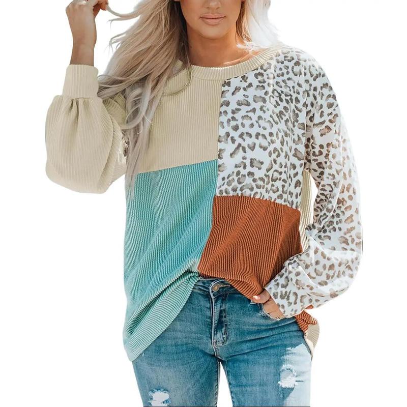 Womens Color Block Leopard Print Tops Long Sleeve Crew Neck Tunic Tops Ribbed Casual Loose Fall Tops