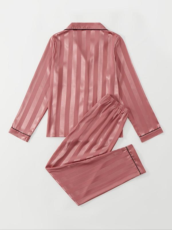 @Shopwithjulie Collection 2 Counts Women's Striped Print Satin Pajamas Set, Soft Long Sleeve Button Front Lapel Shirt & Pants Pjs, Comfy Pj Set, Nightwear & Loungewear, Summer Wear 2024, Lounge Sets, Pajama Sets Women, Please Purchase A Size Up