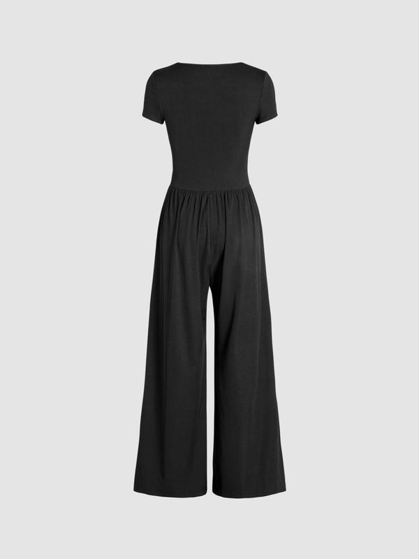 Women's Solid Scoop Neck Wide Leg Jumpsuit, Casual Short Sleeve Ribbed Jumpsuit, Summer Outfits, Women's Clothing for Daily Wear