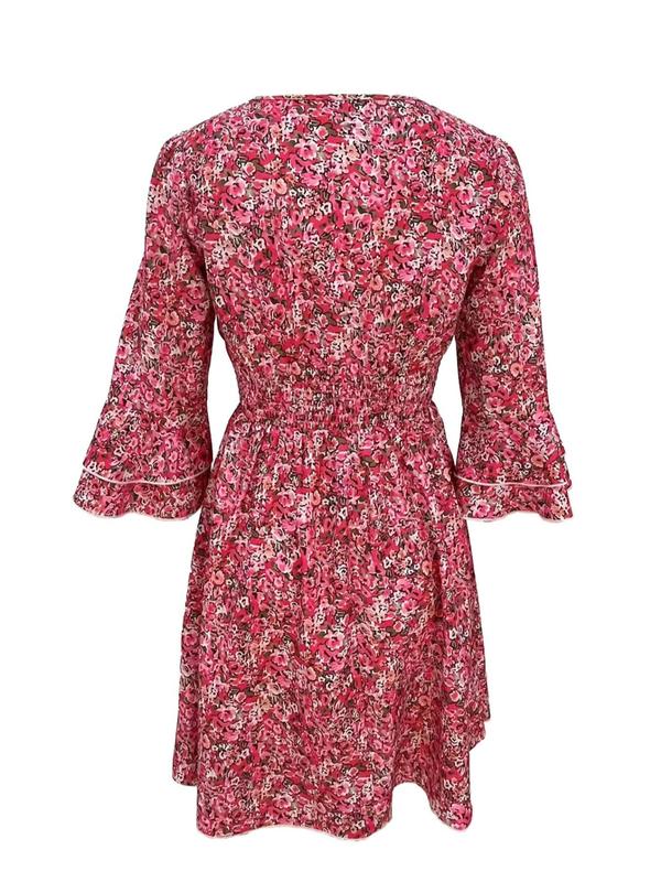 Women's Ditsy Floral Print Ruffle Trim Shirred A Line Dress, Boho Fashion Flounce Sleeve V Neck Short Dress, Dresses for Women, Back to School Outfits, Summer Clothes, Ladies Dress for Summer, Outfits To Hide Tummy Uk