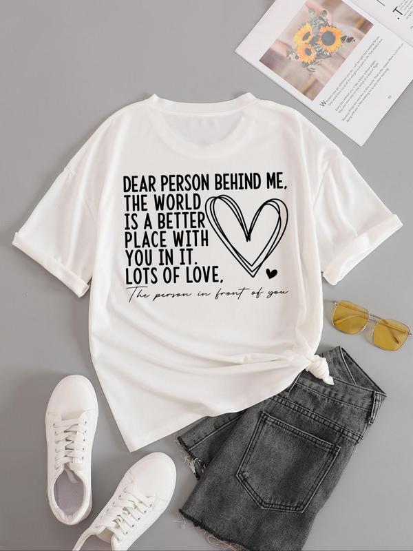 Women's Slogan Graphic Round Neck Tee, Fashion Casual Heart Print Crew Neck T-Shirt for Daily Holiday Vacation Outdoor Wear, Ladies Clothes for All Seasons, Fall Clothes