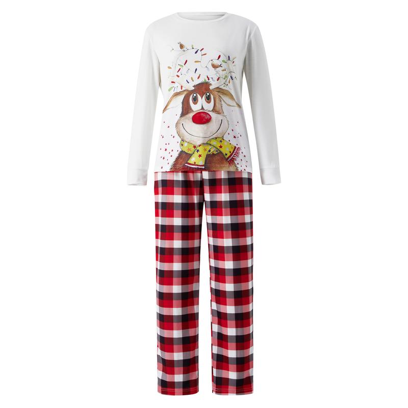 Family Christmas Pajamas Matching Sets for Mom Dad Kid Baby Cartoon Elk Plaid Printing Long Sleeve Pullover Tops Long Pants Sleepwear