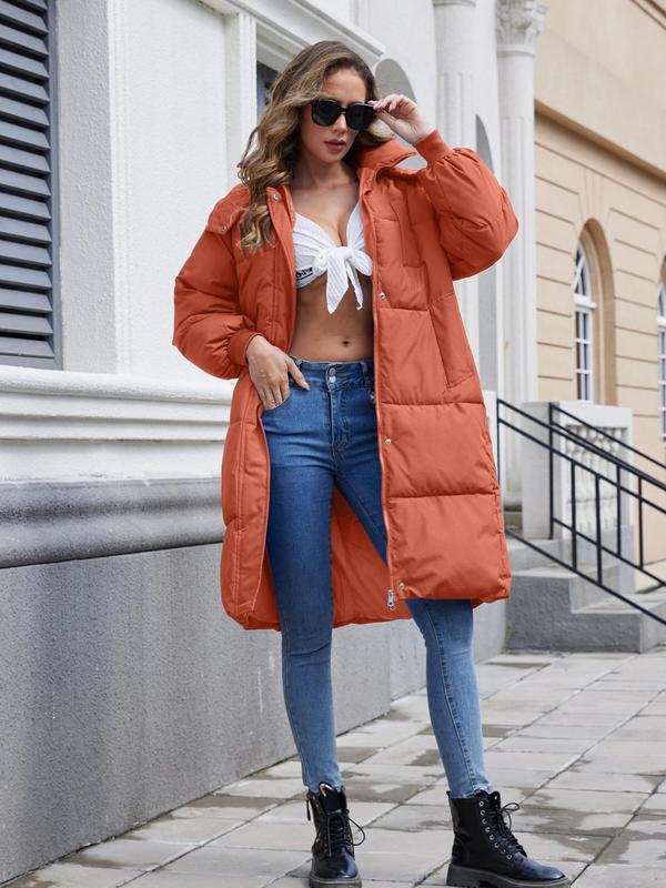 Women's Button Front Full Zip Up Winter Puffer Coat, Trendy Warm Raglan Sleeve Long Coat Outerwear For Daily, Hooded Coat, Please Purchase A Size Up