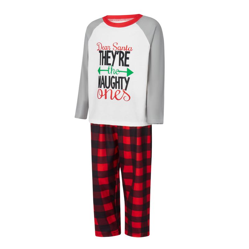 Matching Christmas Pajamas For Family Long Sleeve Arrow Letter Print Tops + Plaid Pants Set Sleepwear