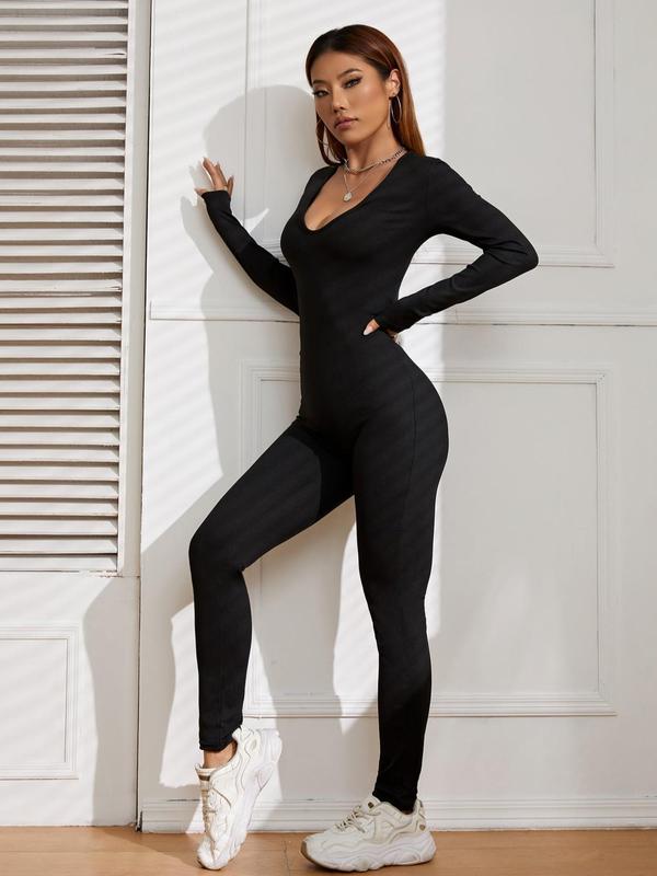 Women's Plain Long Sleeve Scoop Neck Skinny Jumpsuit, Casual Basic Tight Sleeve Jumpsuit For Spring & Fall, Ladies Clothes For Daily Wear