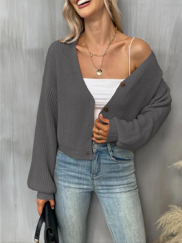 Button Front Balloon Sleeve Crop Cardigan for Women, Long Sleeve Fall Knit Cardigan, 2024 Autumn Clothes, Commuter Short Cardigan, Cozy Fall Outfits, Fall Outfits, Fallfreshness