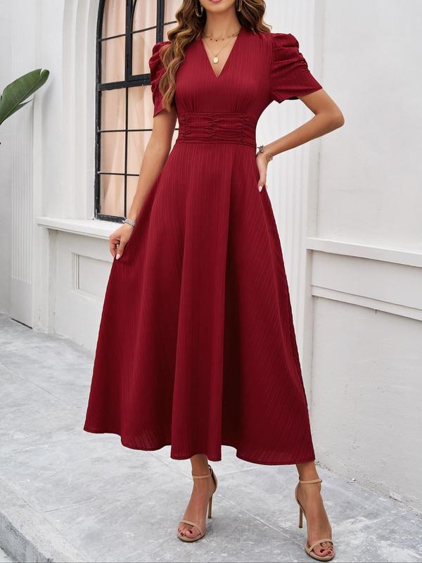 Vintage Women's Plain Ruched Puff Sleeve V Neck A Line Dress, Dresses for Women, Summer Dresses 2024, Elegant Short Sleeve Long Dress for Party Holiday Wedding Guest, Ladies Summer Clothes