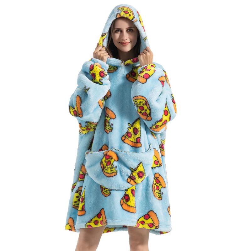 Cartoon Pattern Hooded Flannel Hoodie Blanket, 1 Count 320GSM Air-conditioned Room Long Sleeve Wearable Blanket with Pocket, Soft Warm Blanket for Home Office Bed Camping Travel