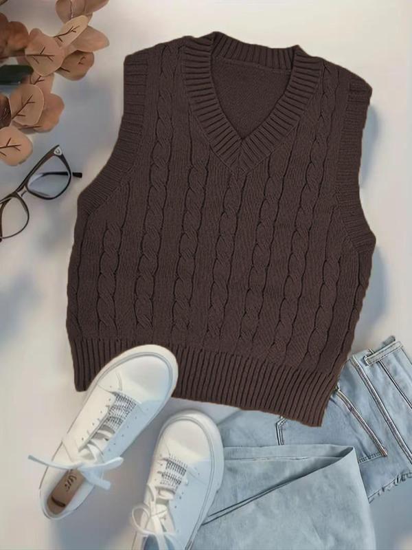  Solid V Neck Cable Knit Sweater Vest, Casual Sleeveless Knit Top for Daily Outdoor Wear, Women Plus Clothing for All Seasons