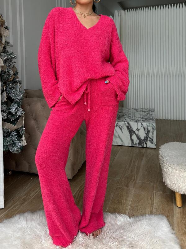 Women's Solid High Low Split Hem Top & Pocket Pants Plush Pyjama Set, Casual Comfy Long Sleeve V Neck Top & Drawstring Trousers PJ Set, Women's Fluffy Pajamas for Fall & Winter, Fluffy Pajamas