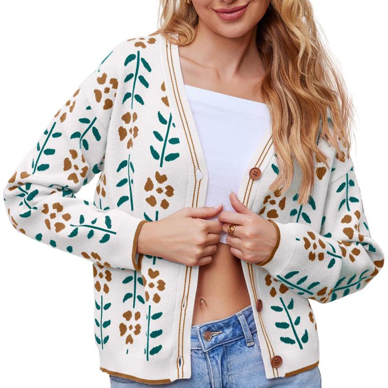 Fisoew Womens Floral Print V Neck Cardigan Open Front Button Down Knit Sweater Long Sleeve Loose Fashion Tops