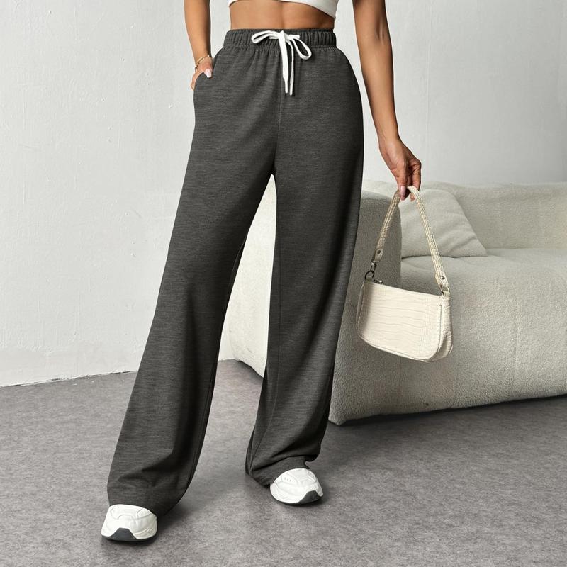 Women's Elastic High Waisted Drawstring Sweatpants Workout Trousers Straight Wide Leg Pants with Pockets