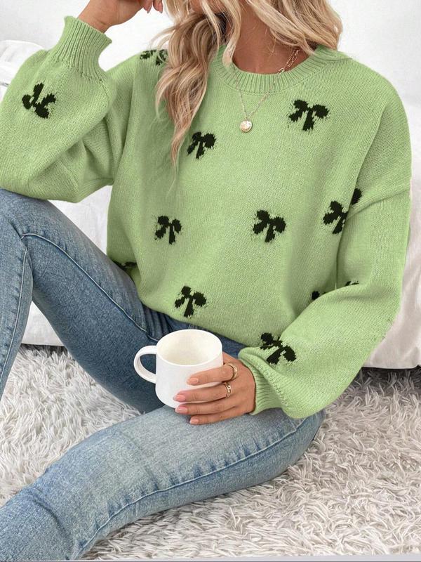 Women's Bow Print Drop Shoulder Sweater, Casual Long Sleeve Round Neck Jumper for Fall & Winter, Fashion Ladies' Knitwear for Daily Wear