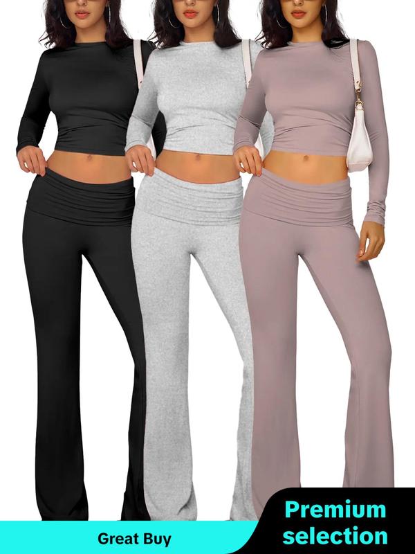 Women's Solid Long Sleeve Short Tee & Flare Leg Pants Set, Casual Round Neck Top & Bell Bottom Trousers for Daily Wear, Ladies Clothes for All Seasons