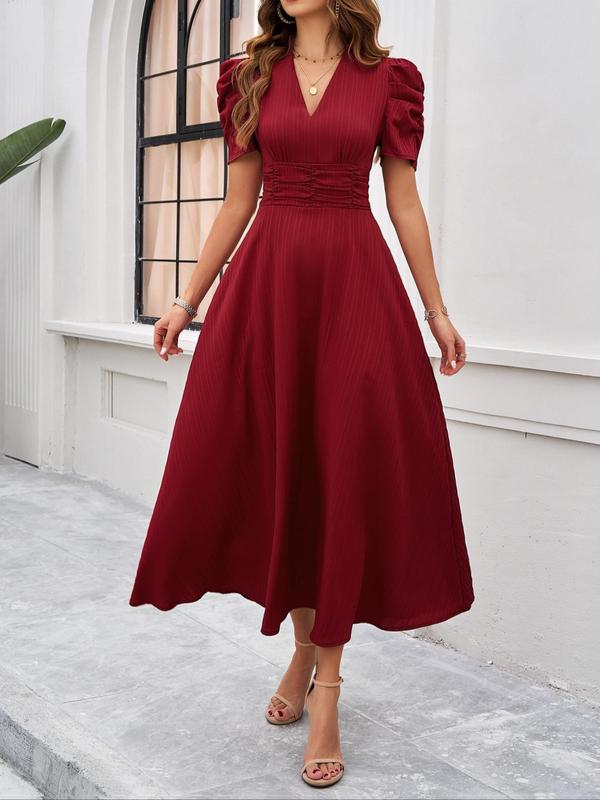 Vintage Women's Plain Ruched Puff Sleeve V Neck A Line Dress, Dresses for Women, Summer Dresses 2024, Elegant Short Sleeve Long Dress for Party Holiday Wedding Guest, Ladies Summer Clothes