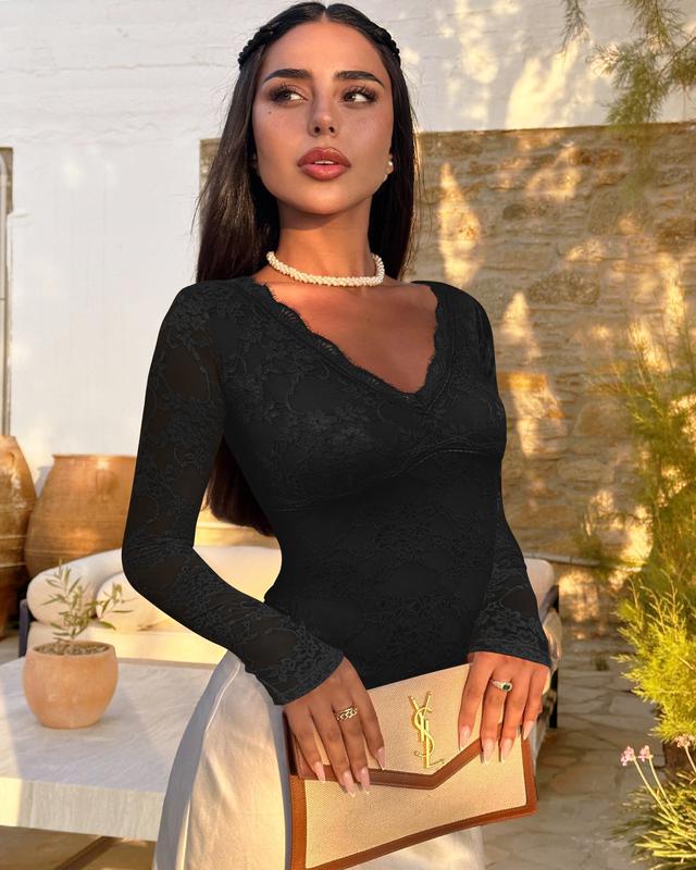 Women's Lace Long Sleeve Bodysuit Sexy V-Neck Double Lined Going Out Y2K Fall Outfits Body Suit Tops