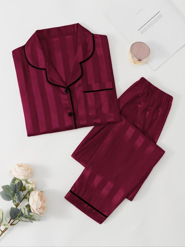 @Shopwithjulie Collection 2 Counts Women's Striped Print Satin Pajamas Set, Soft Long Sleeve Button Front Lapel Shirt & Pants Pjs, Comfy Pj Set, Nightwear & Loungewear, Summer Wear 2024, Lounge Sets, Pajama Sets Women, Please Purchase A Size Up