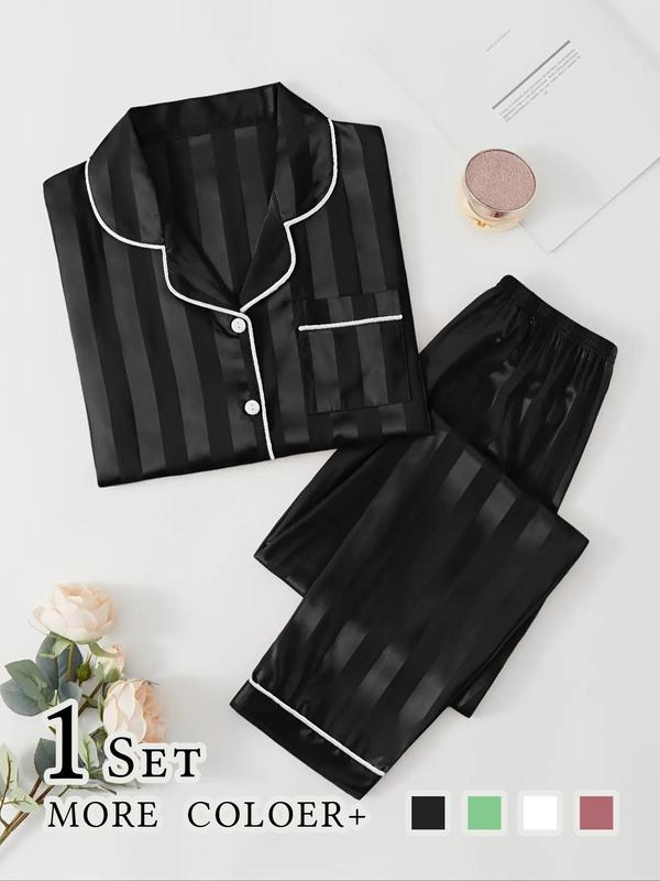 @Shopwithjulie Collection 2 Counts Women's Striped Print Satin Pajamas Set, Soft Long Sleeve Button Front Lapel Shirt & Pants Pjs, Comfy Pj Set, Nightwear & Loungewear, Summer Wear 2024, Lounge Sets, Pajama Sets Women, Please Purchase A Size Up