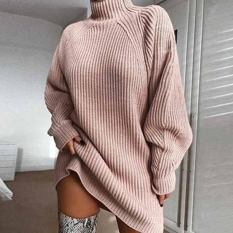 High neck chunky knit sweater dress solid color fashion casual loose knitwear sweatpants pullovers mini dress