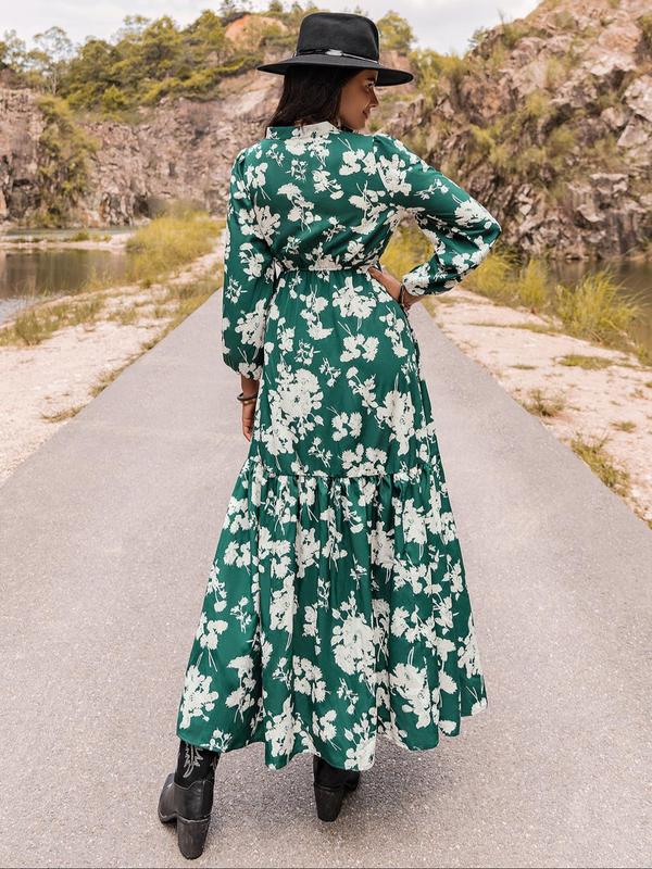 Women's Floral Print Ruffle Hem Split Thigh Vintage A Line Dress, Boho Fashion Bishop Sleeve Notched Neck Long Dress for Daily Holiday Vacation Wear, Ladies Dress for All Seasons, Fall Clothes 2024