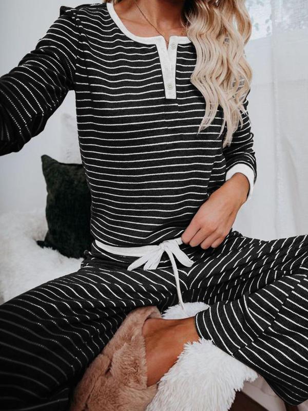 Women's Striped Print Button Tee & Tie Front Pants Loungewear Two-piece Set, Casual Comfy Round Neck Long Sleeve Top & Elastic Waist Trousers PJ Set, Women's Sleepwear for Spring & Fall