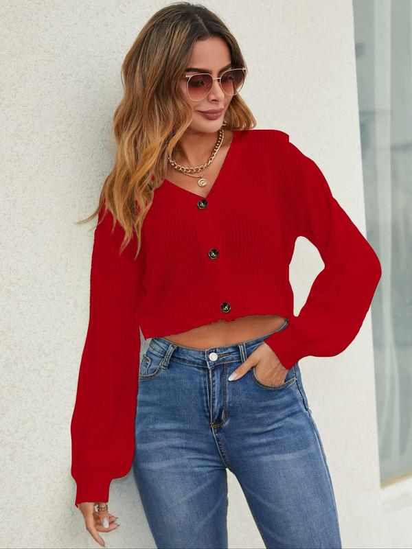 Button Front Balloon Sleeve Crop Cardigan for Women, Long Sleeve Fall Knit Cardigan, 2024 Autumn Clothes, Commuter Short Cardigan, Cozy Fall Outfits, Fall Outfits, Fallfreshness