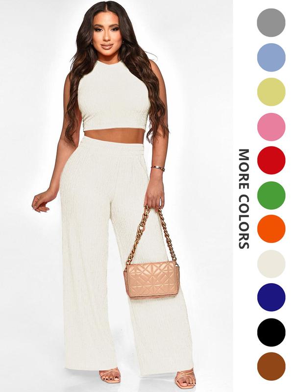 Two-Piece Set Women's Solid Textured Co-ord Set, Casual Round Neck Crop Tank Top & Wide Leg Pants Set, Ladies Summer Clothes for Daily Wear, Summer Outfits