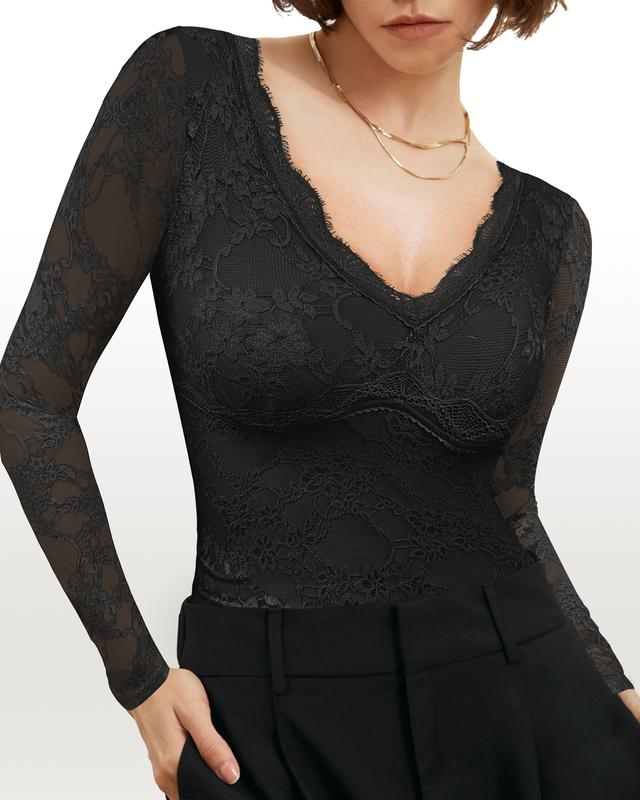 Women's Lace Long Sleeve Bodysuit Sexy V-Neck Double Lined Going Out Y2K Fall Outfits Body Suit Tops