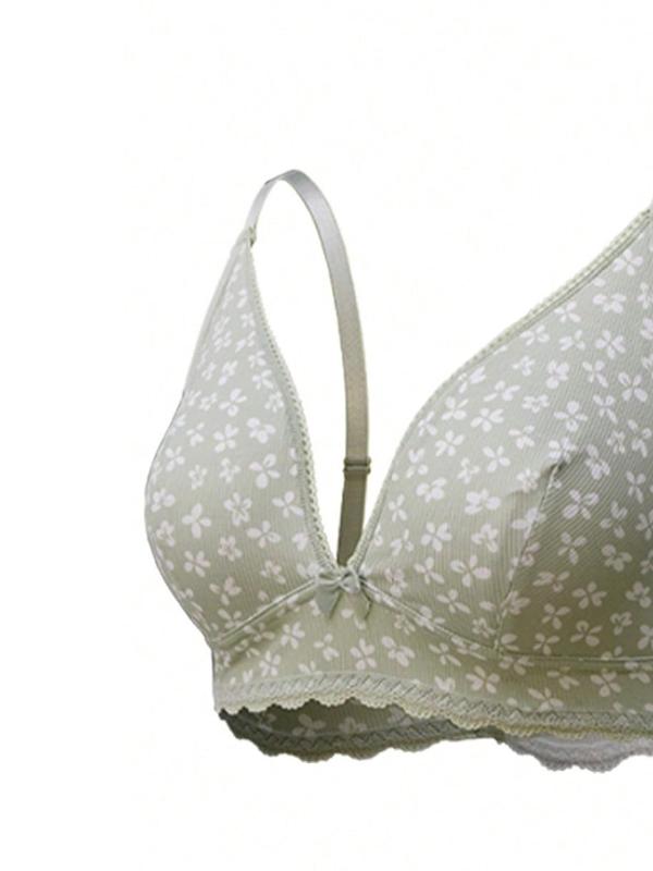 Women's  Ditsy Floral Print Bow Decor Bra, Adjustable Strap Push Up Lingerie, Soft Comfortable Lingerie for All Seasons