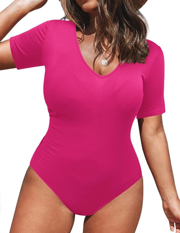 Holiday haul  IN'VOLAND Women's Bodysuit Plus Size Short Sleeve Scoop Neck Bodysuit Basic Top T Shirt Leotards Jumpsuits Fabric Womenswear shorts bodysuit dance clothing