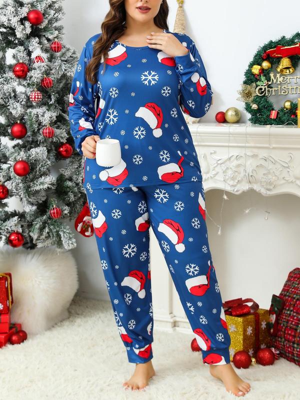  Two-Piece Set Christmas Print Long Sleeve Tee & Elastic Waist Pants Pajama Set, Casual Comfy Round Neck Top & Trousers PJ Set, Women's Sleepwear for Fall & Winter