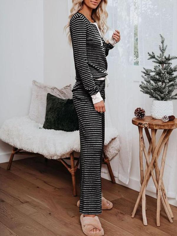 Women's Striped Print Button Tee & Tie Front Pants Loungewear Two-piece Set, Casual Comfy Round Neck Long Sleeve Top & Elastic Waist Trousers PJ Set, Women's Sleepwear for Spring & Fall