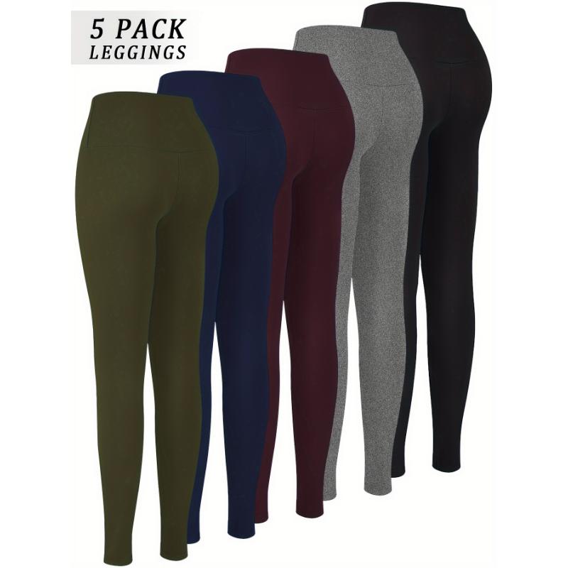 5 Pack Super Soft Leggings for Women: High Waisted, Tummy Control, No See Through, Workout, Yoga, Running Pants - Long Leggings - Adult Size - Stretchy Fabric - Solid Color - Tight Fit - Suitable for All Seasons