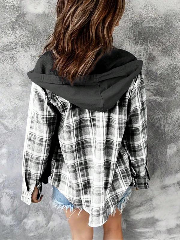 Women's Plaid Print Button Front Hooded Shirt, Casual Long Sleeve Pocket Top for Spring & Fall, Women's Clothes for Daily Wear