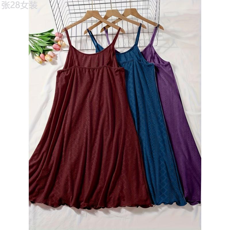 3pcs Plus Size Women's Casual Loungewear, Solid Eyelet Embroidery Round Neck Frill Trim Cami Nightdress Fabric Nightwear