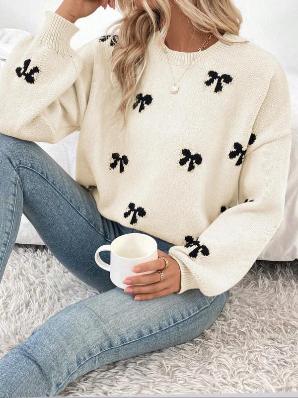 Women's Bow Print Drop Shoulder Sweater, Casual Long Sleeve Round Neck Jumper for Fall & Winter, Fashion Ladies' Knitwear for Daily Wear