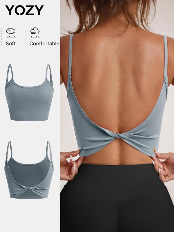 Black Friday Deals YOZY Women's Solid Twist Backless Crop Cami Top, Casual Spaghetti Strap Crop Top for Daily Wear, Ladies Clothes for All Seasons,Christmas 2024 Trend,Thanksgiving Clothing,Fall Clothing,Winter Clothing