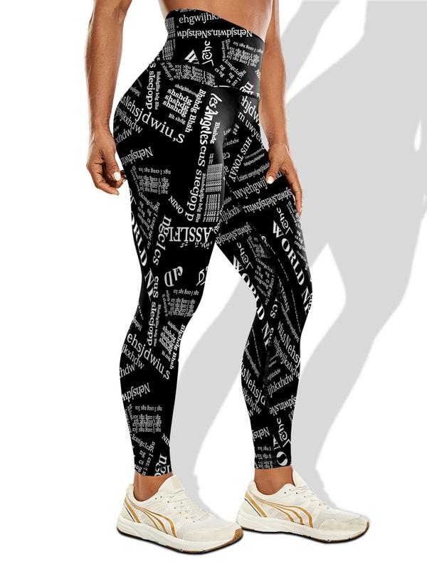 Women's All Over Letter Print High Waist Leggings, Casual Comfy Skinny Pants for Daily Wear, Ladies Bottoms for All Seasons